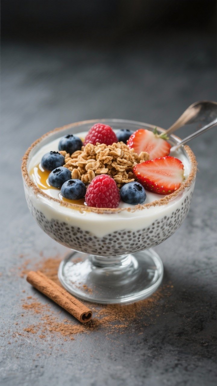 Final dish presentation: “Berry Cheesecake” chia pudding plated café-style—thick chia base fo