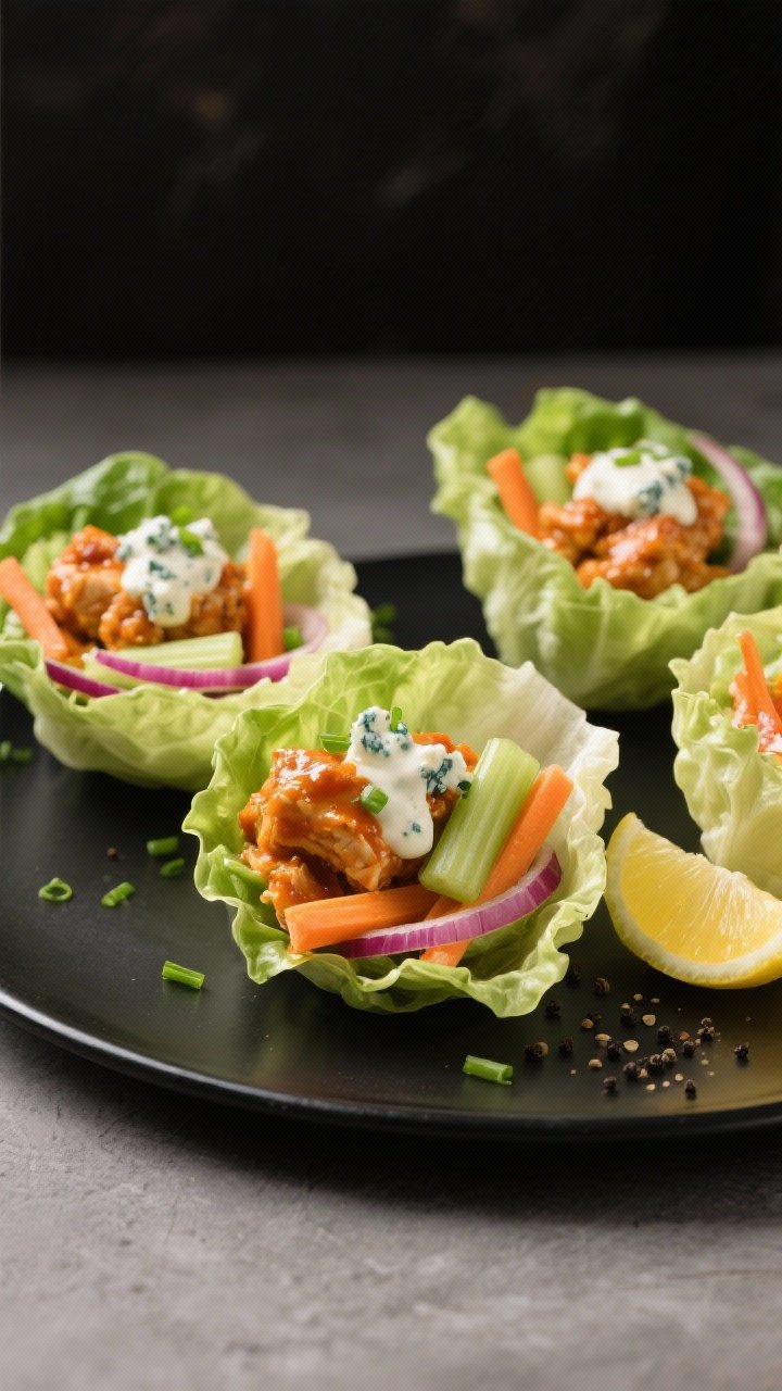 Final dish presentation: Buffalo Chicken Lettuce Wraps assembled in cuppy butter lettuce leaves on a
