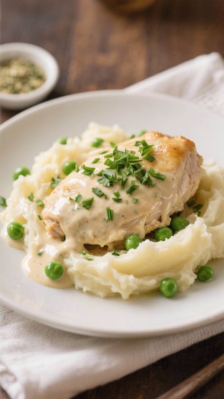 Final dish presentation: Creamy Ranch Chicken over buttery mashed potatoes, generously spooned with