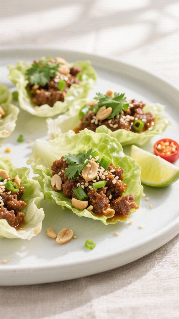 Final dish presentation: Ground Beef Lettuce Wraps assembled with chilled butter lettuce cups piled 