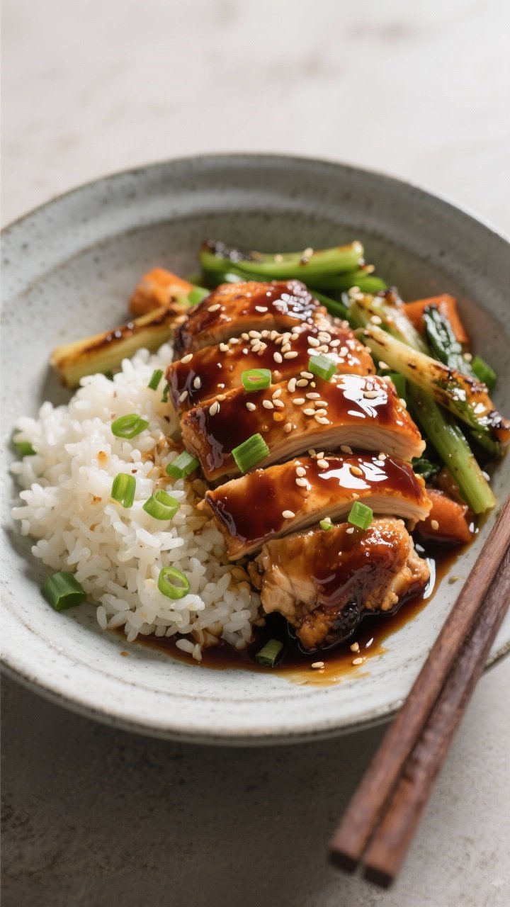 Final dish presentation: Hero plate of teriyaki chicken and rice as a composed dinner bowl—thick,