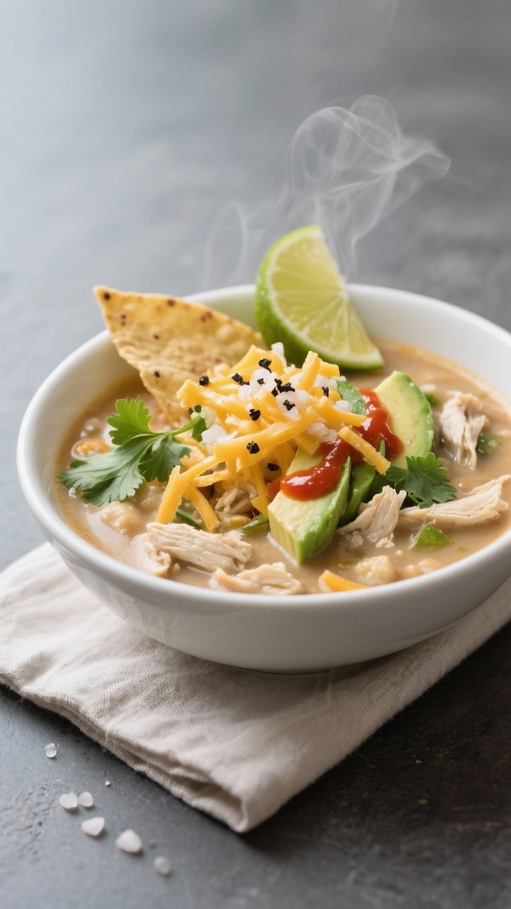 Final dish presentation: Restaurant-quality bowl of White Chicken Chili topped with shredded Montere