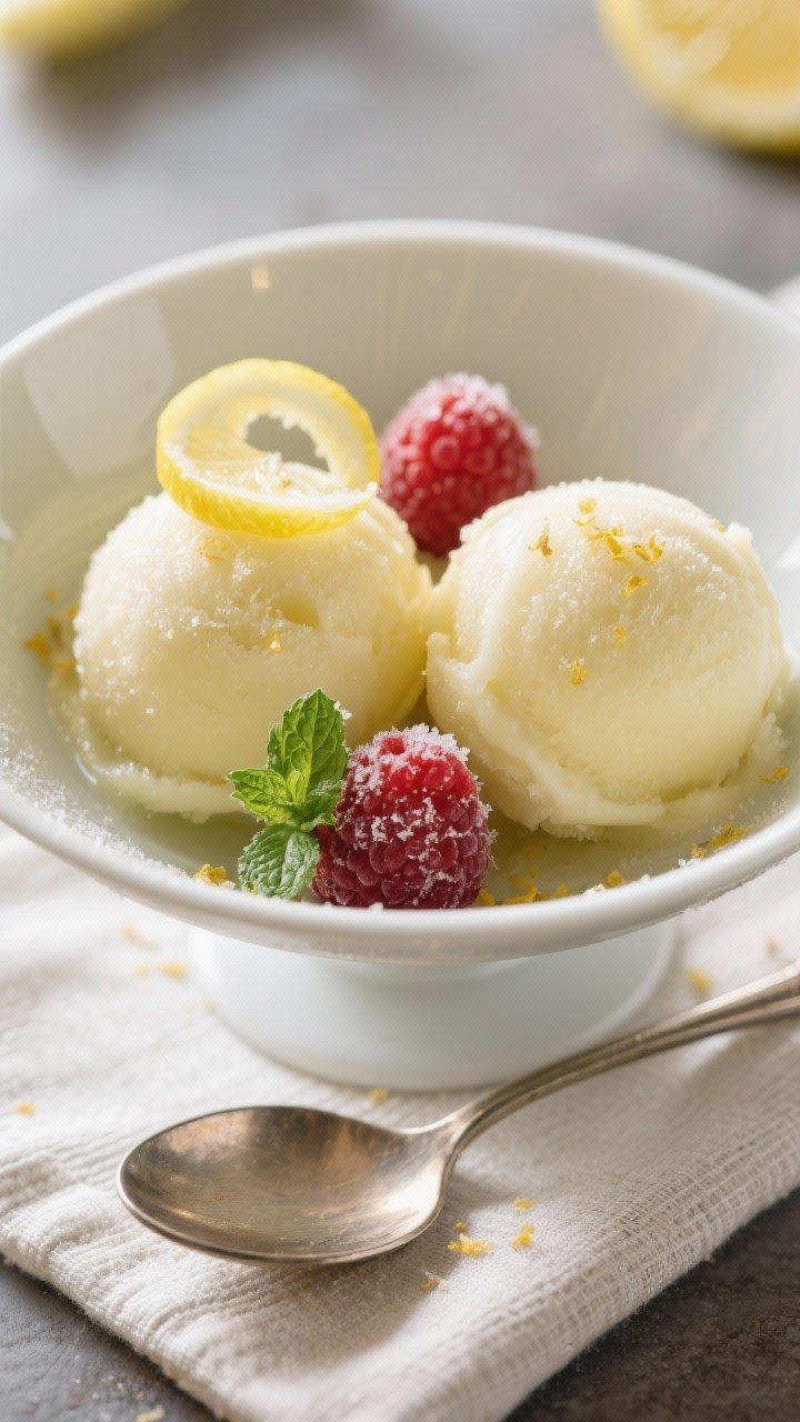 Final dish presentation: Restaurant-quality bowl of Healthy Lemon Sorbet—two round, smooth scoops