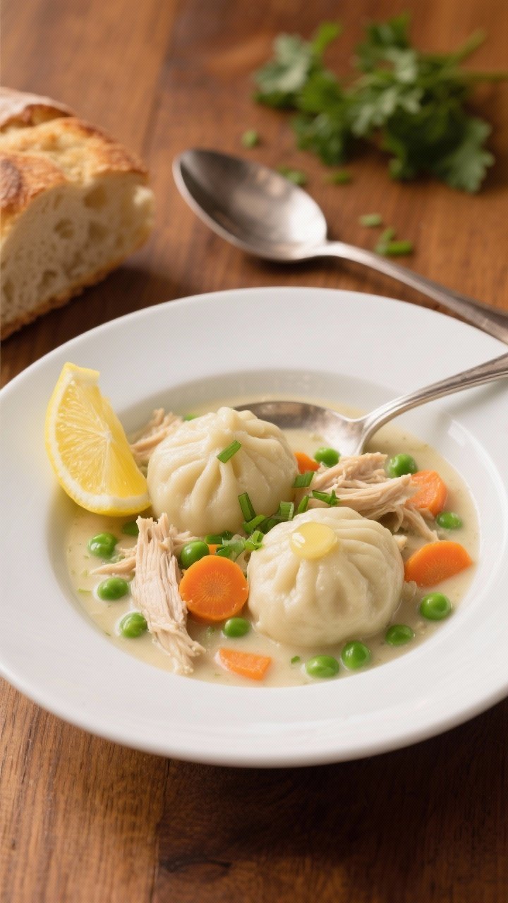 Final dish presentation: Restaurant-quality bowl of creamy crockpot chicken and dumplings, ladled in