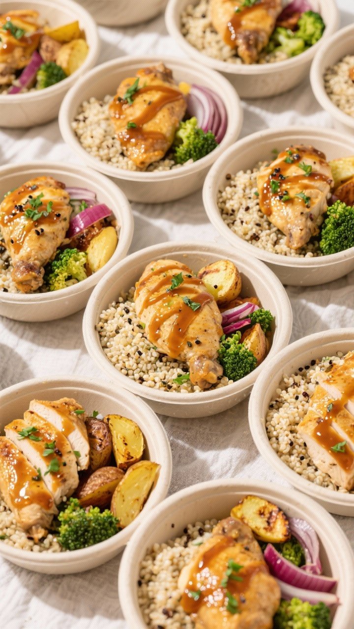 Final dish presentation: Restaurant-quality meal prep bowls arranged in a tidy grid, —each contain