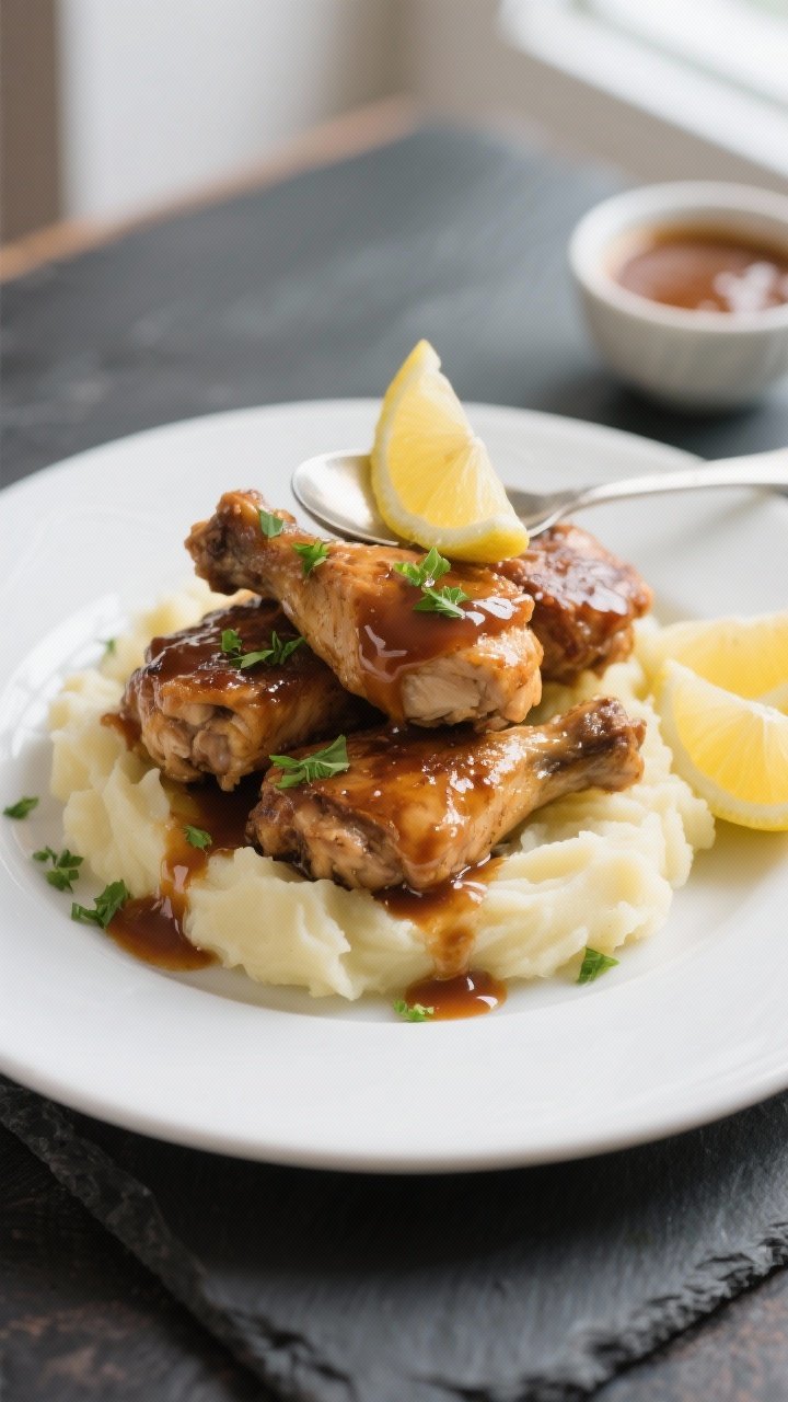Final dish presentation: Restaurant-quality plate of Brown Sugar Garlic Chicken Thighs stacked over 