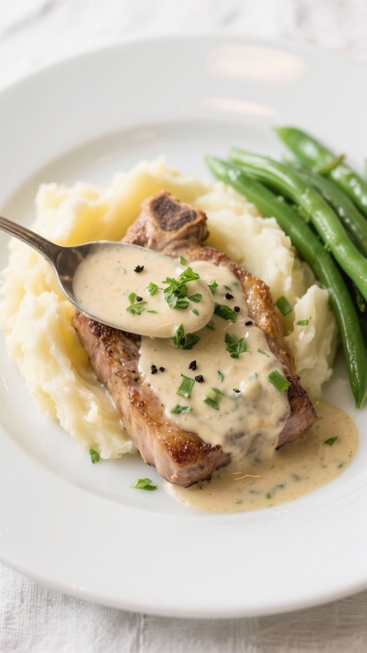 Final dish presentation: Restaurant-quality plate of creamy ranch pork chops served over buttery mas