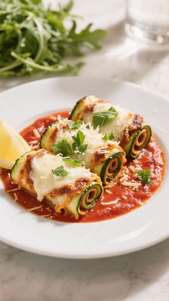 Final dish presentation: Restaurant-quality plate of three zucchini lasagna roll-ups set on a shallo