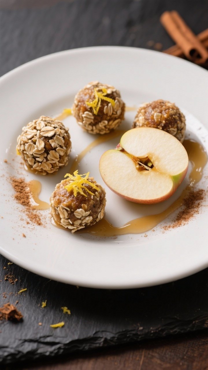 Final dish presentation: Restaurant-quality plate of finished Apple Energy Bites arranged in a tight