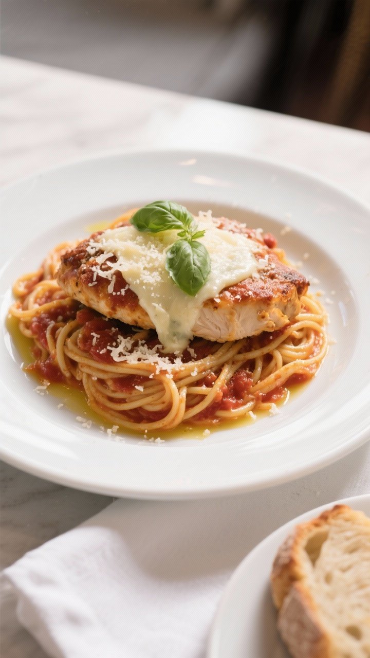 Final dish presentation: Restaurant-quality plate of Chicken Parmesan served over twirl-nested spagh