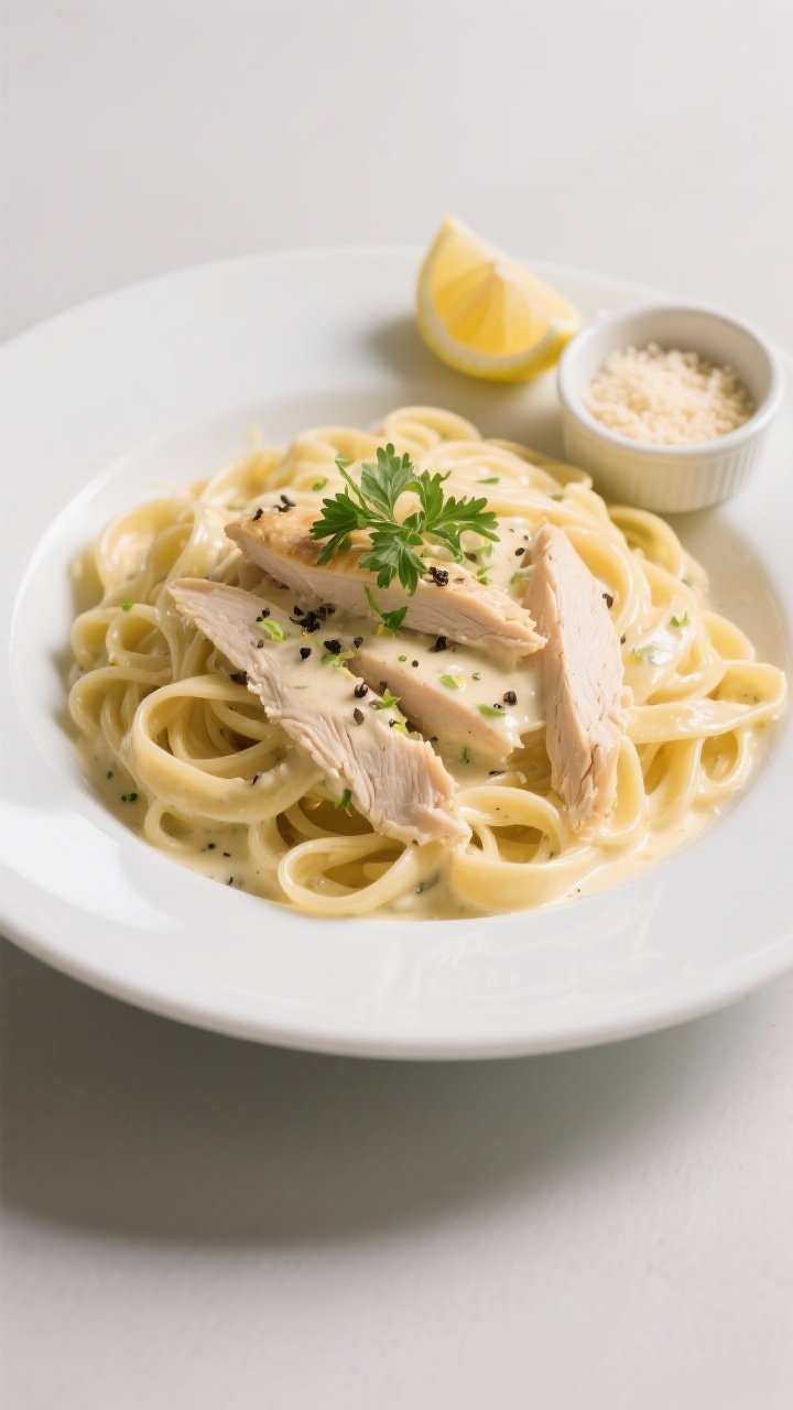 Final dish presentation: Restaurant-quality plate of Chicken Alfredo served in a wide, shallow white