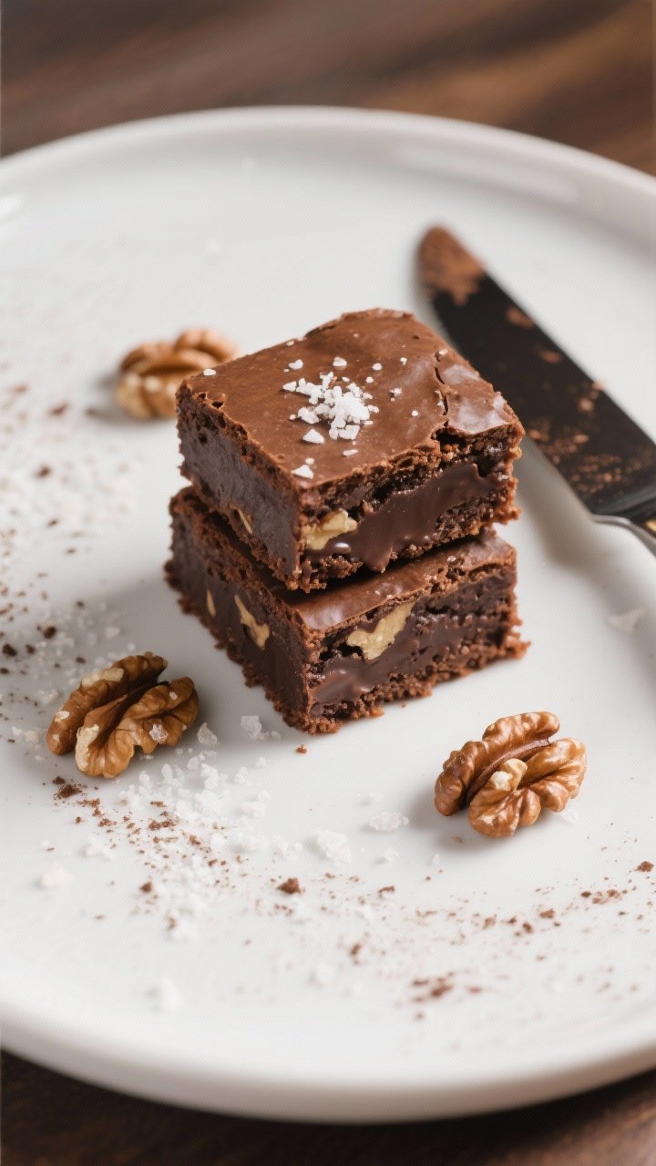 Final dish presentation: Restaurant-quality plate of neatly sliced brownie squares served slightly c