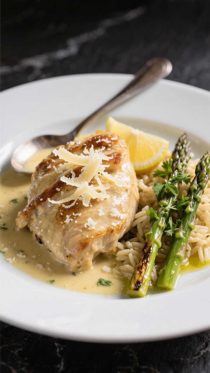 Final dish presentation: Restaurant-quality plate of creamy lemon chicken with Parmesan finish, sauc