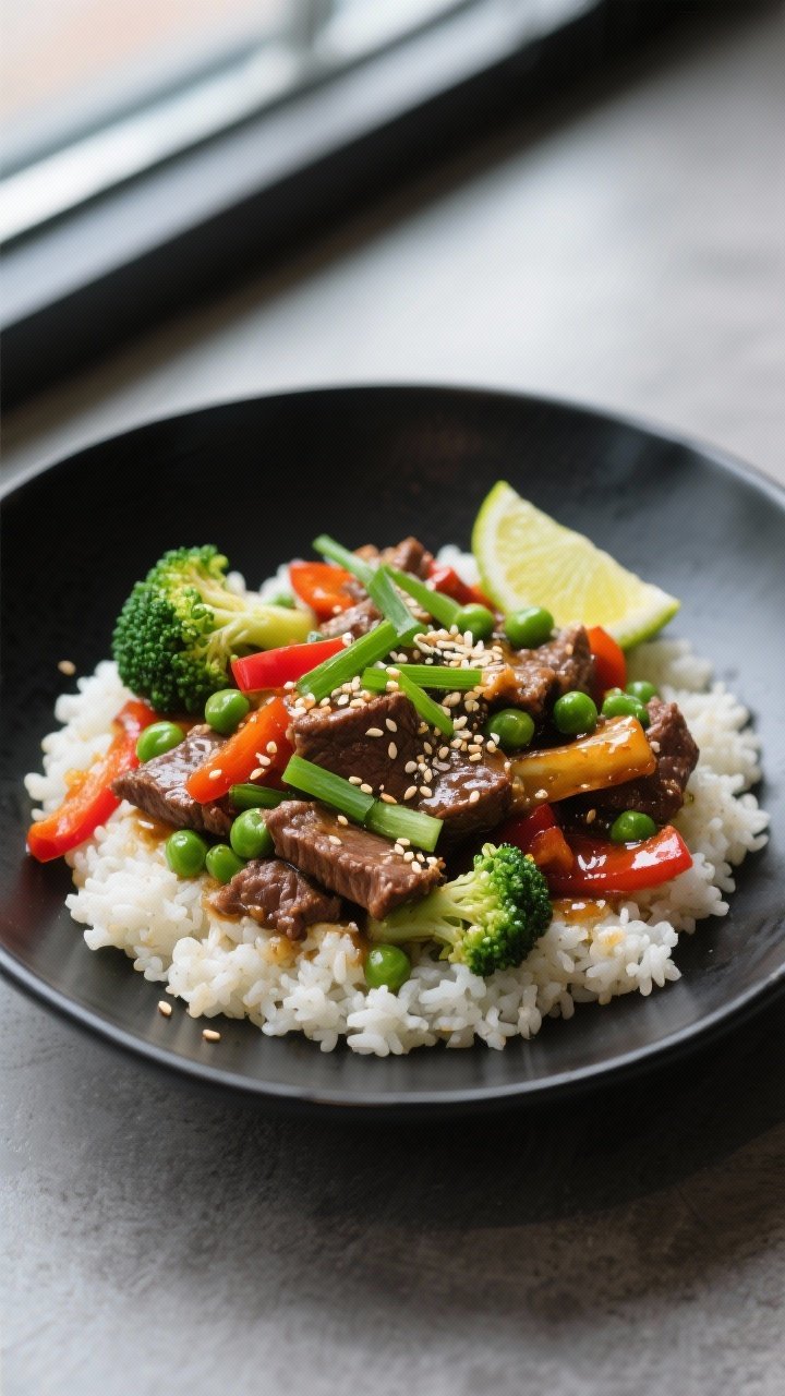 Final dish presentation: Restaurant-quality plated Asian Beef and Veggie Stir Fry over a modest bed