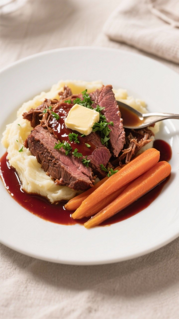 Final dish presentation: Restaurant-quality plated pot roast dinner—slices and shreds of beef over