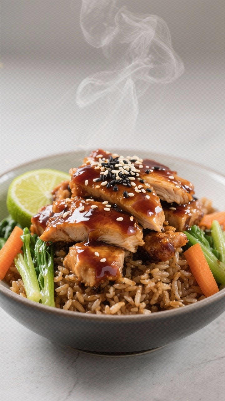 Final dish presentation: Restaurant-quality plated bowl with saucy teriyaki chicken piled high over