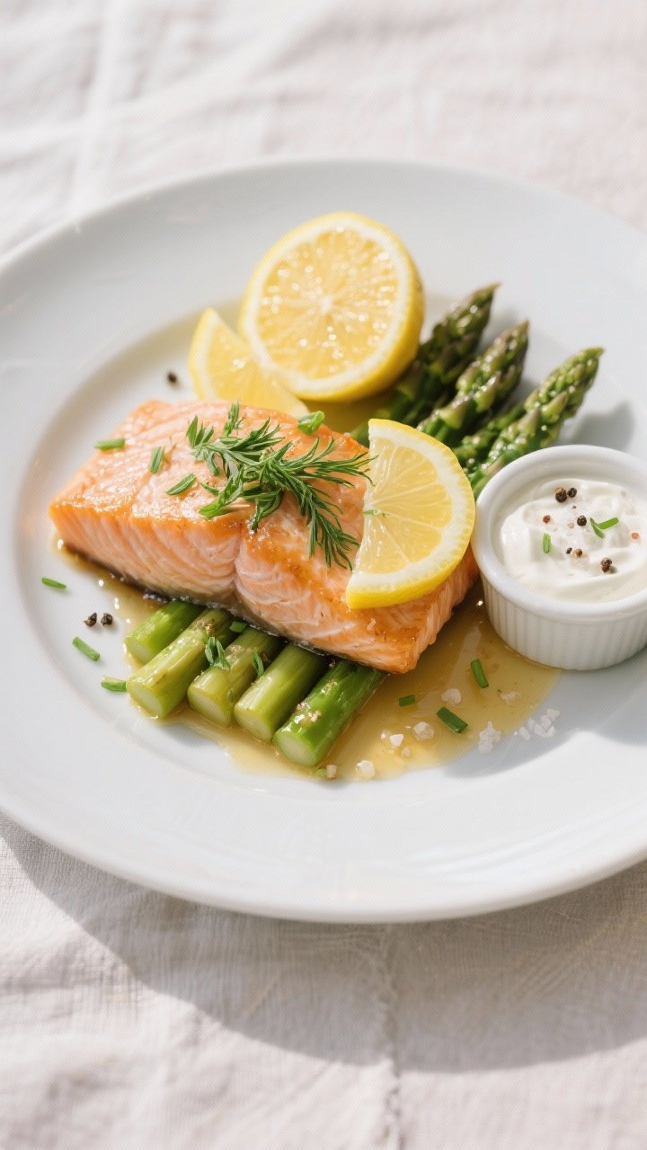 Final dish presentation: Restaurant-quality plated Lemon Herb Salmon with Asparagus on a matte white