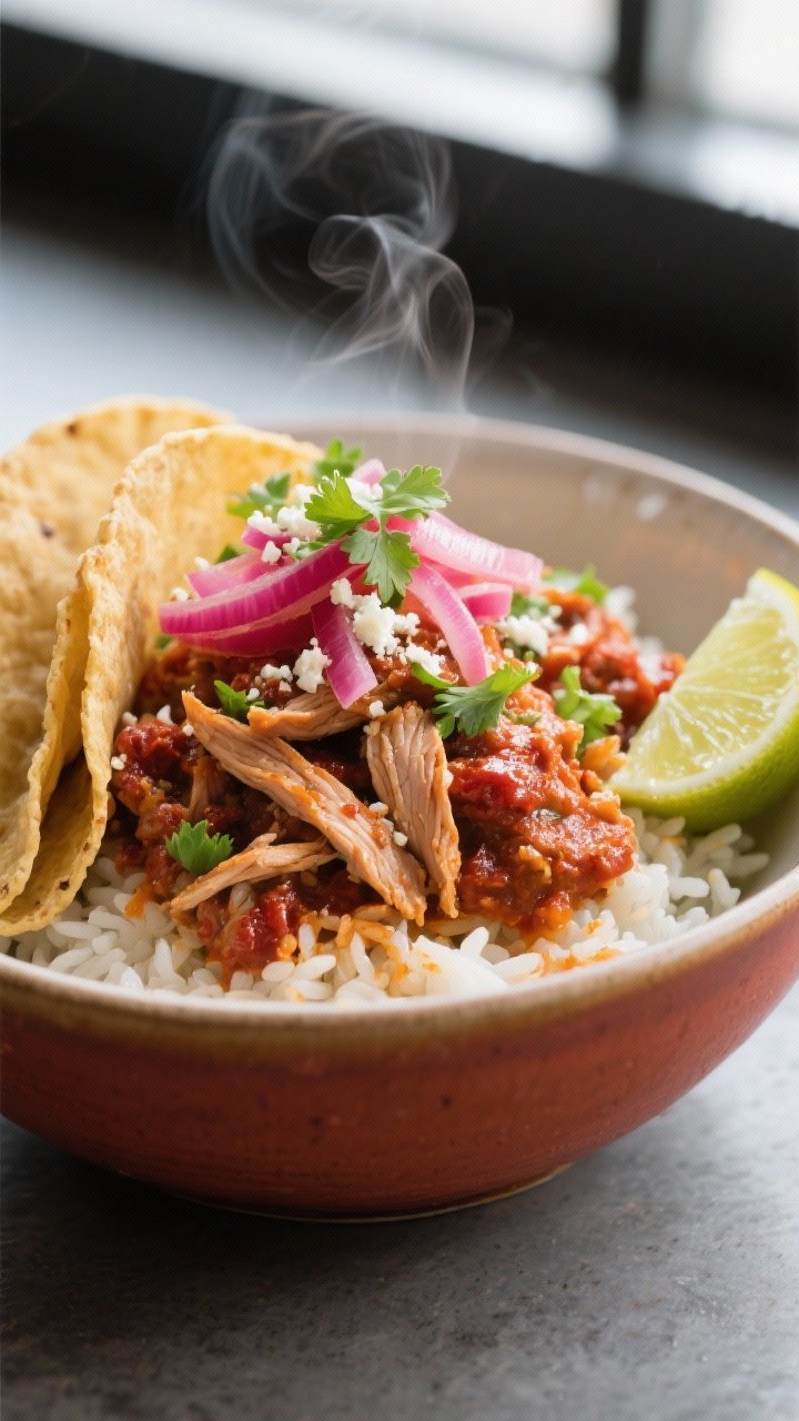 Final dish presentation: Restaurant-quality plated taco bowl close-up, three-quarter angle—mounded