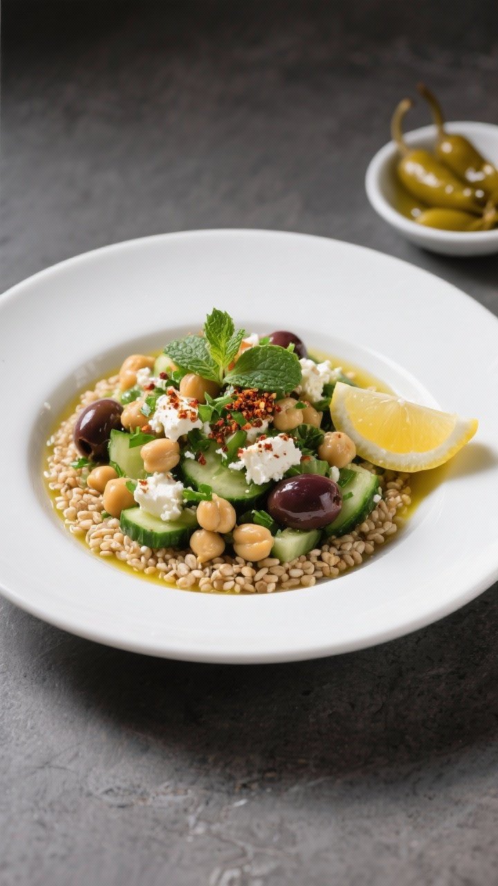 Final dish presentation: Restaurant-quality plated Mediterranean Chickpea Salad in a wide, shallow w