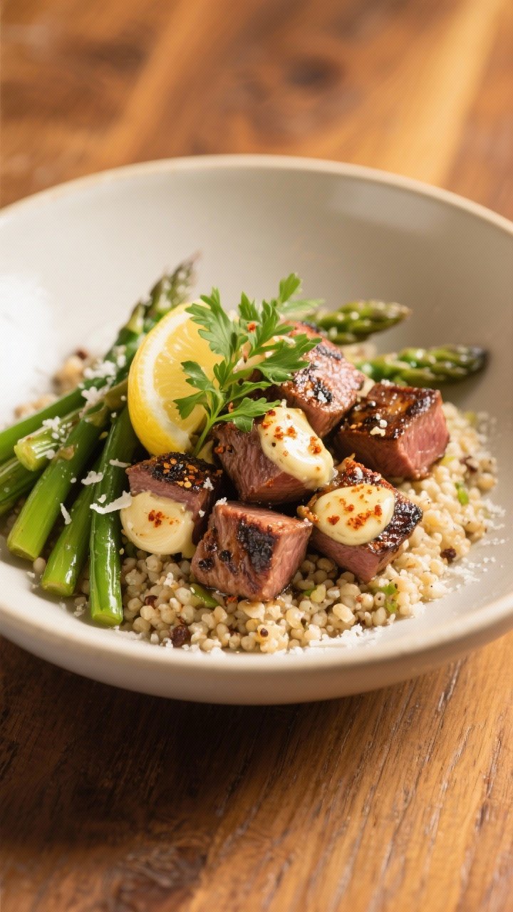 Final dish presentation: Restaurant-quality plated garlic butter steak bite bowl—quinoa base with 
