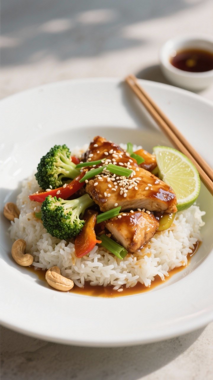 Final dish presentation: Restaurant-quality plated Honey Garlic Chicken bowl on a wide white ceramic