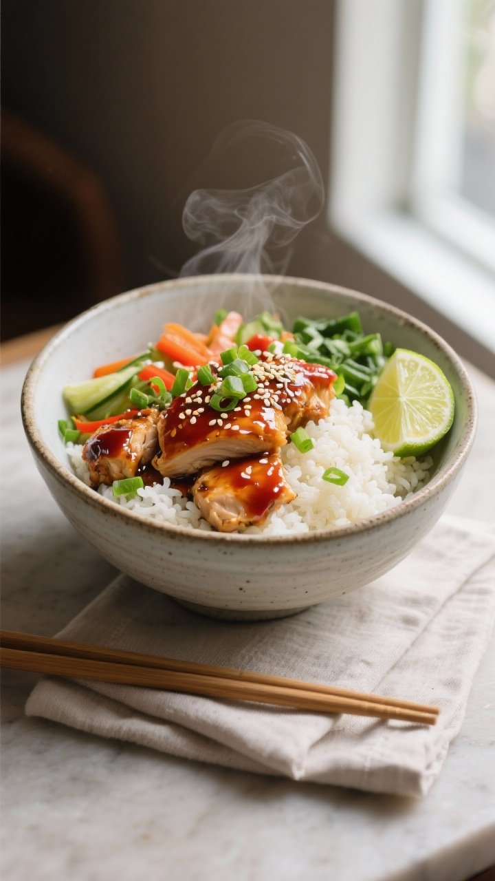 Final dish presentation: Restaurant-quality plated teriyaki chicken power bowl in a wide shallow cer