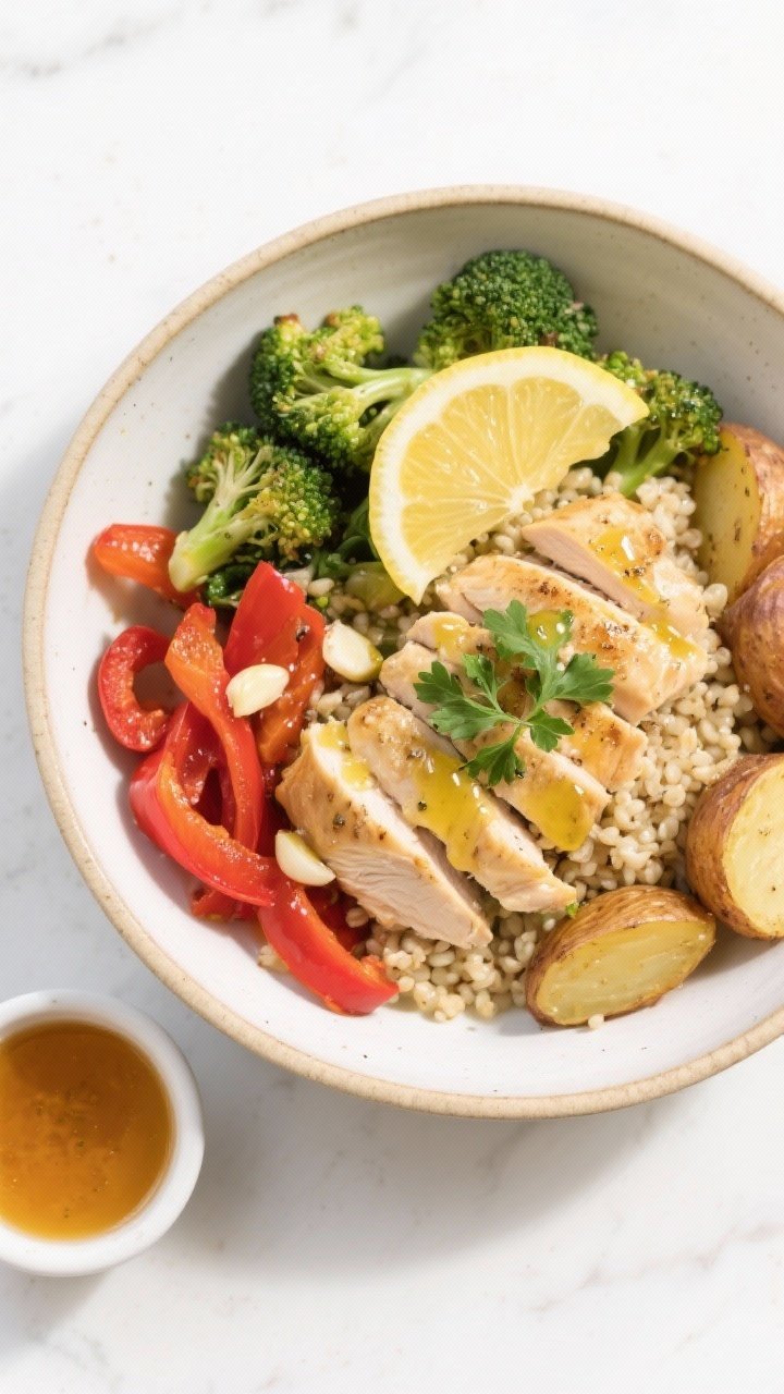 Final dish presentation: Restaurant-quality plated garlic butter chicken meal prep bowl—sliced jui