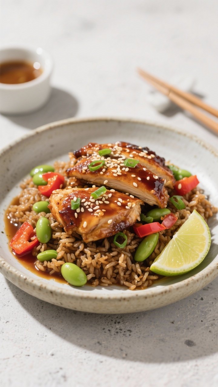 Final dish presentation: Restaurant-quality plated Asian Sesame Chicken bowl, chicken thighs glazed