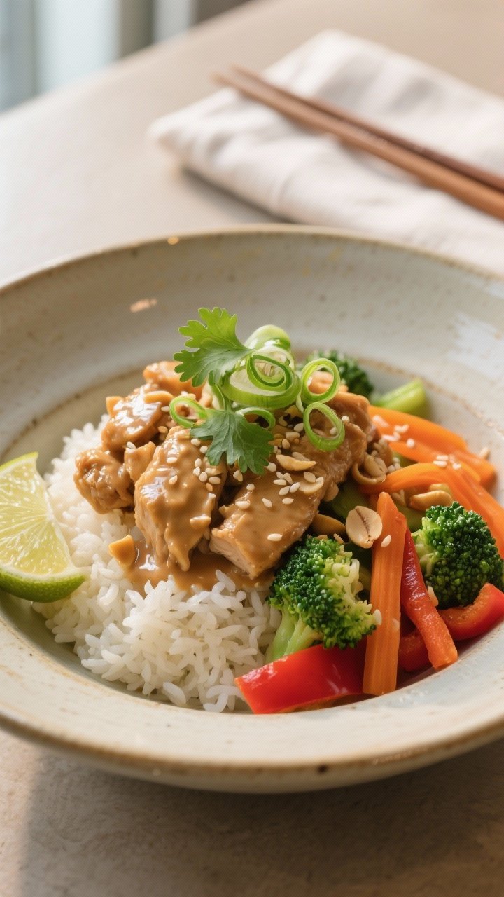 Final dish presentation: Restaurant-quality plated Thai Peanut Chicken Bowl in a wide, shallow ceram