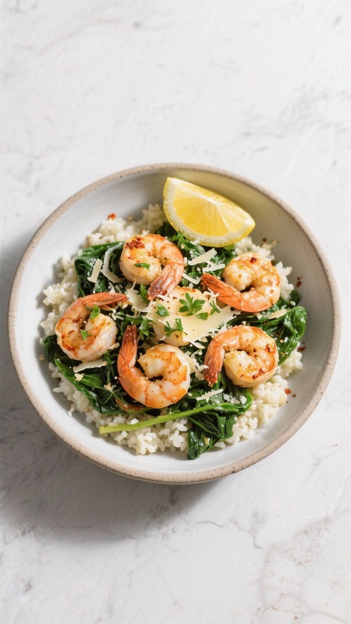 Final dish presentation: Restaurant-quality plated garlic butter shrimp and spinach meal prep bowl, 