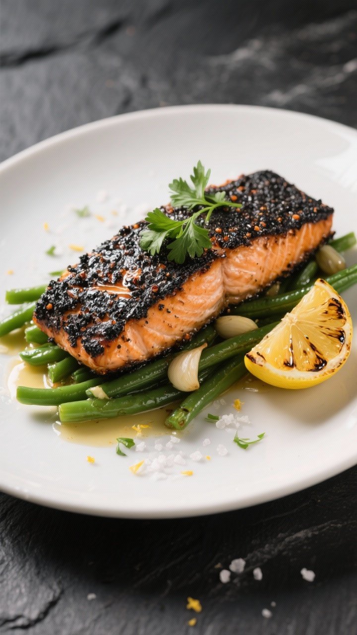 Final dish presentation: Restaurant-quality plated blackened salmon with glossy, charred-spice crust
