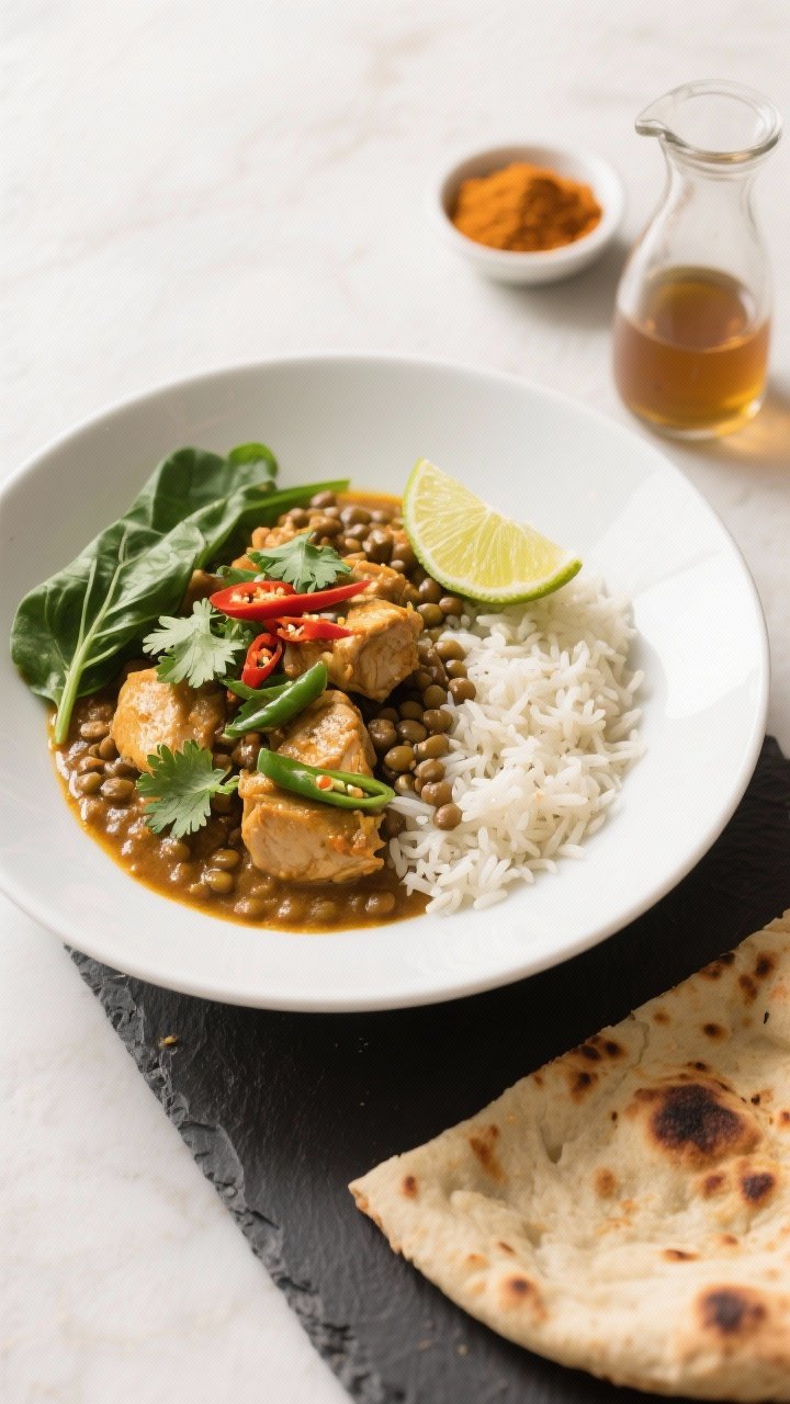 Final dish presentation: Restaurant-quality plated High Protein Chicken and Lentil Curry in a shallo