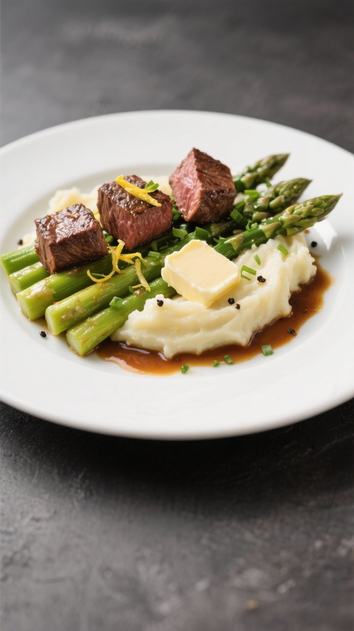 Final dish presentation: Restaurant-quality plated steak bites and asparagus over creamy mashed pota