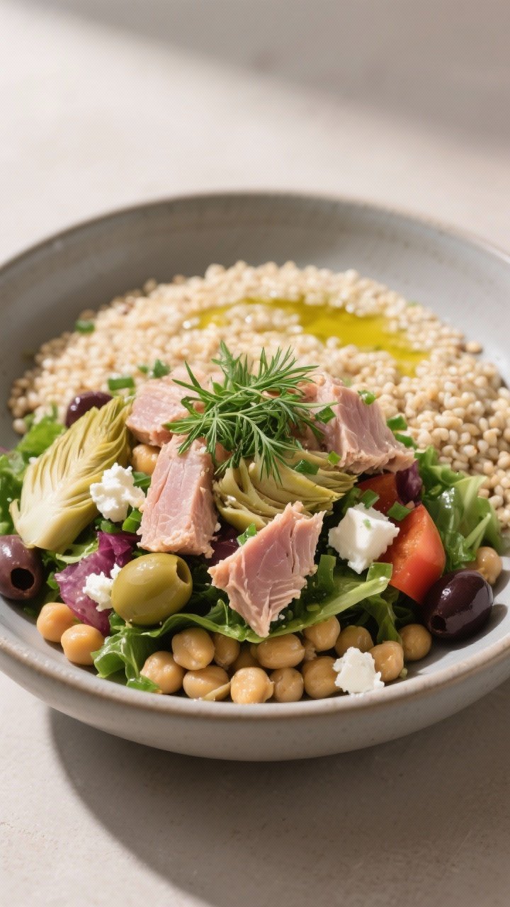 Final dish presentation: Restaurant-quality plated Mediterranean tuna salad bowl with optional grain