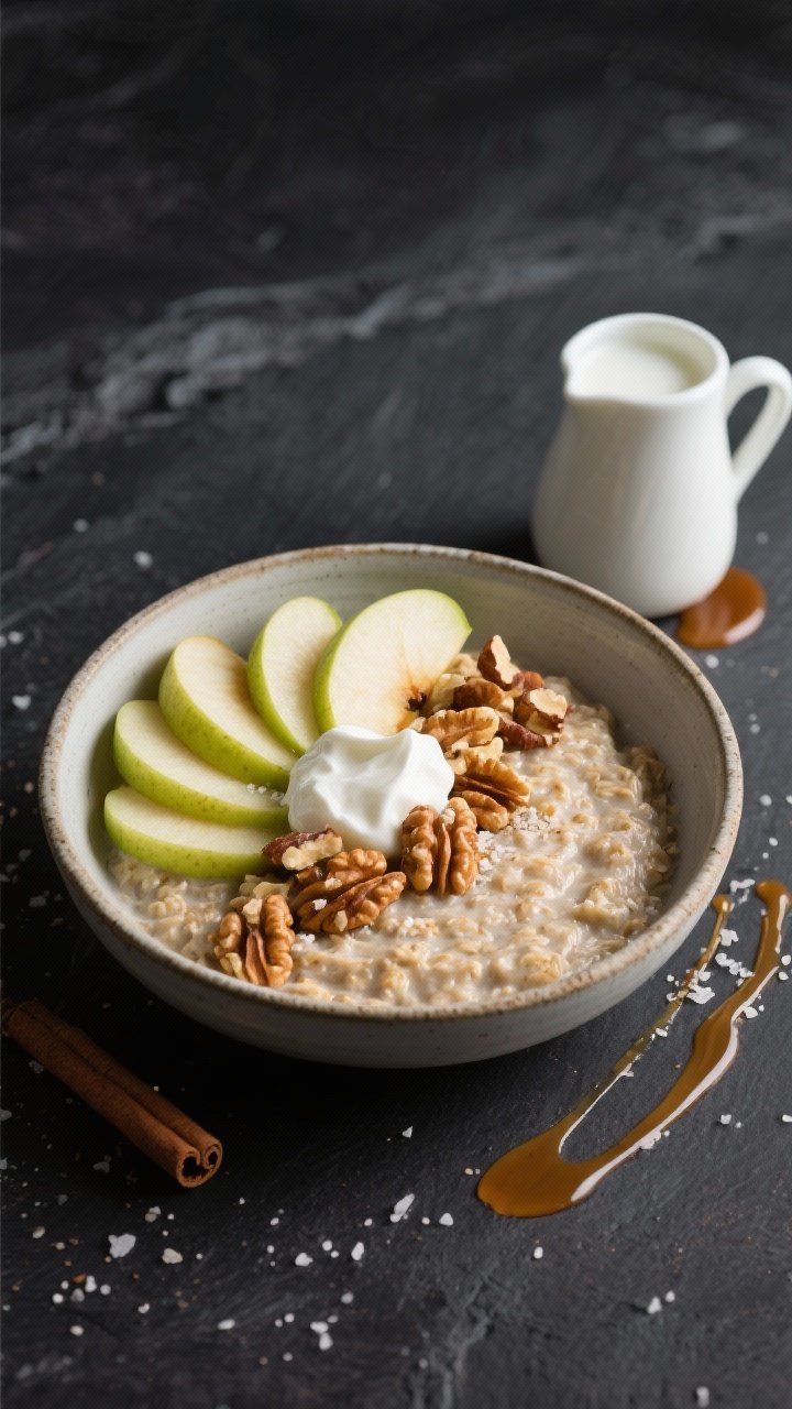 Final dish presentation: Restaurant-quality plated serving of Apple Pie Overnight Oats in a shallow