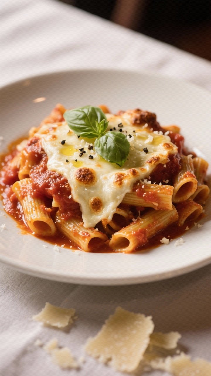 Final dish presentation: Restaurant-quality plated serving of crockpot baked ziti — heaped portion