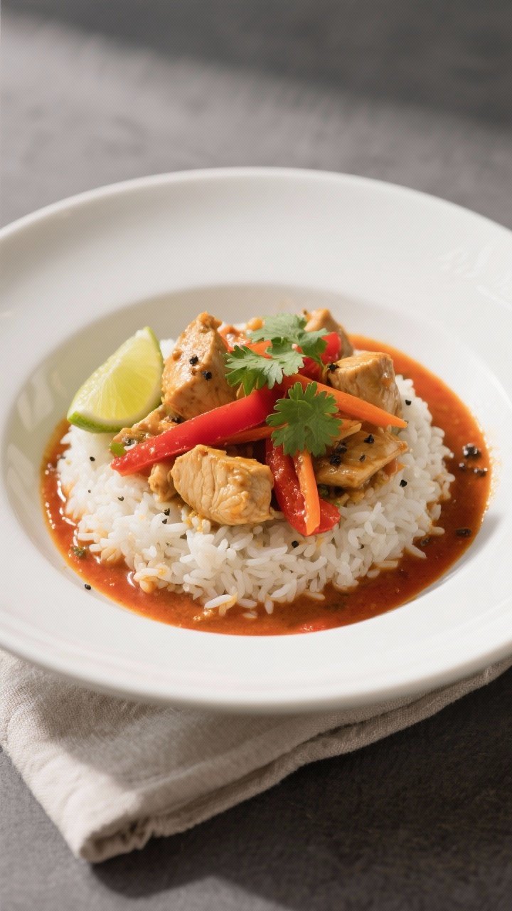 Final dish presentation: Restaurant-quality plating of Coconut Curry Chicken over fluffy jasmine ric