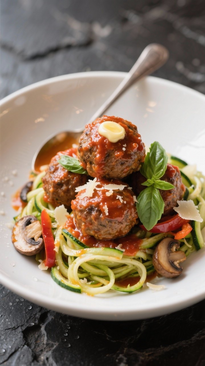 Final dish presentation: Restaurant-quality plating of Keto Meatballs with Marinara and Veggies over
