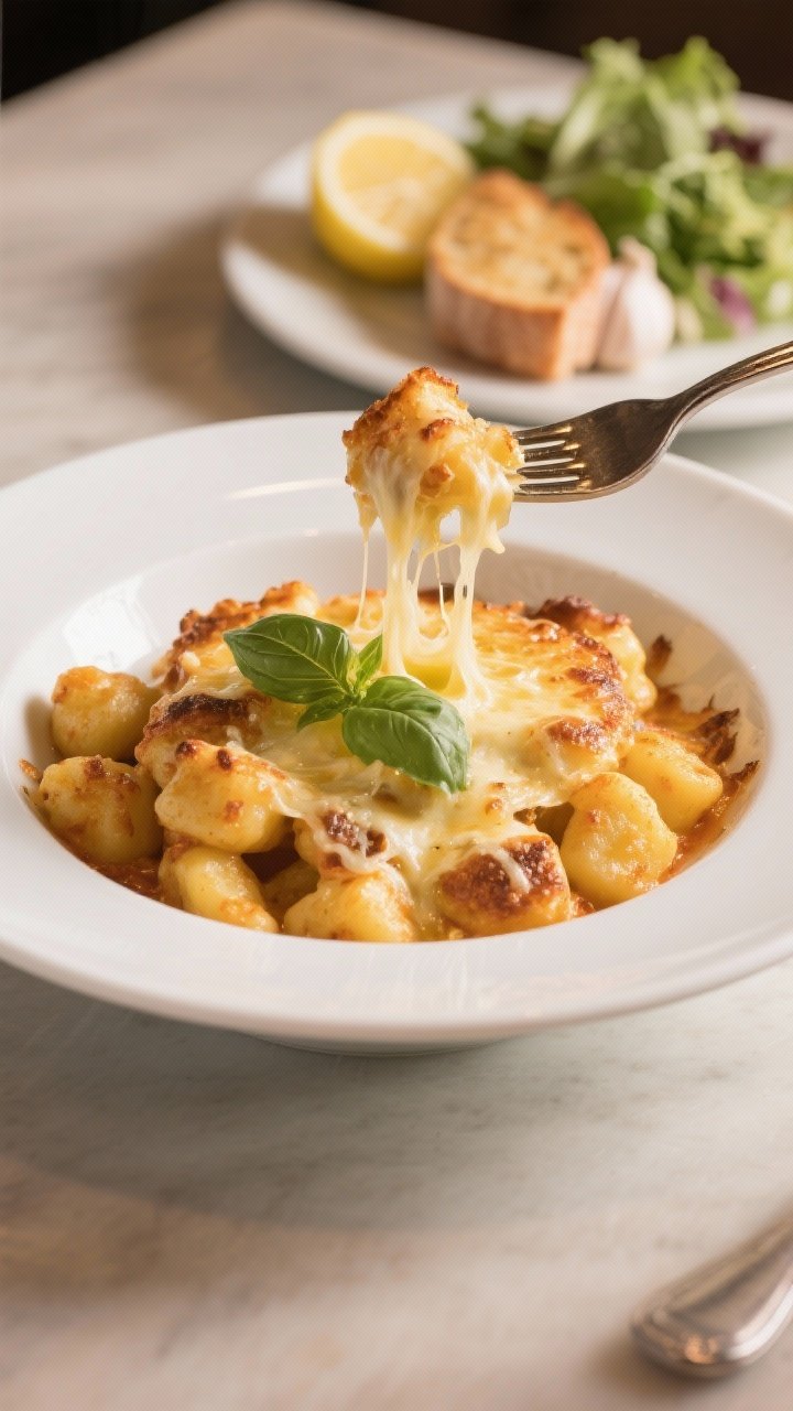 Final dish presentation: Restaurant-quality plating of a generous scoop of Cheesy Baked Gnocchi in a