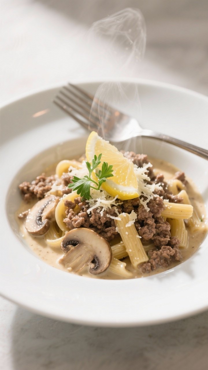 Final dish presentation: Restaurant-quality plating of creamy ground beef and mushroom pasta in a wi