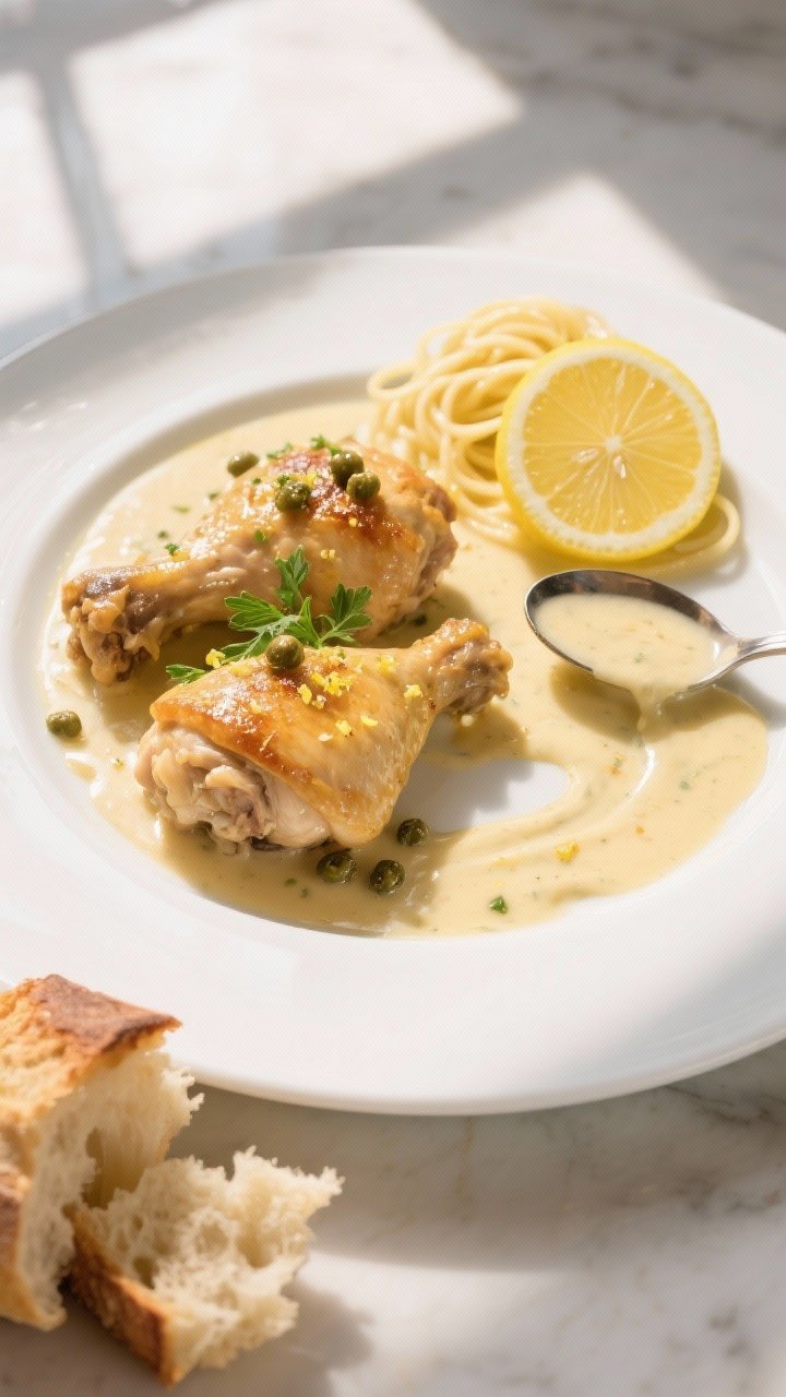 Final dish presentation: Restaurant-quality plating of Creamy Lemon Chicken Thighs on a wide white r