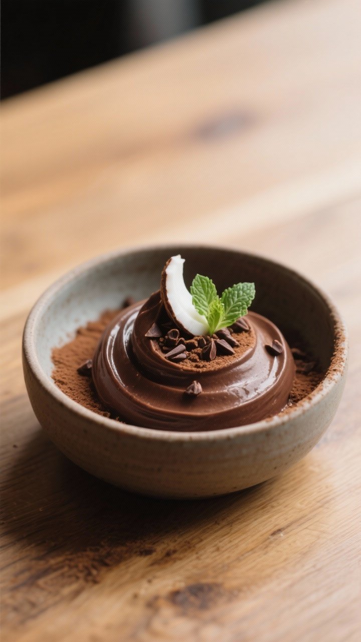 Final dish presentation: Restaurant-quality plating of chocolate avocado mousse in a low, wide ceram