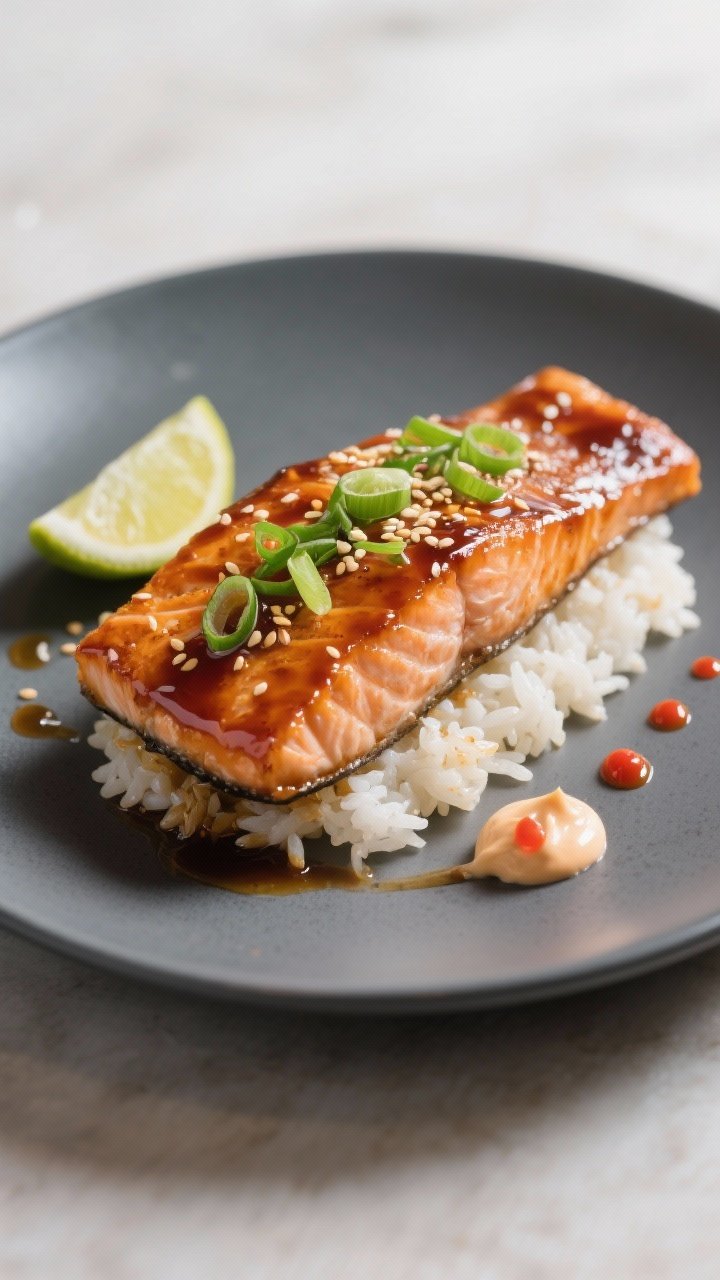 Final dish presentation: Restaurant-quality plating of a whole glazed salmon fillet set over a bed o