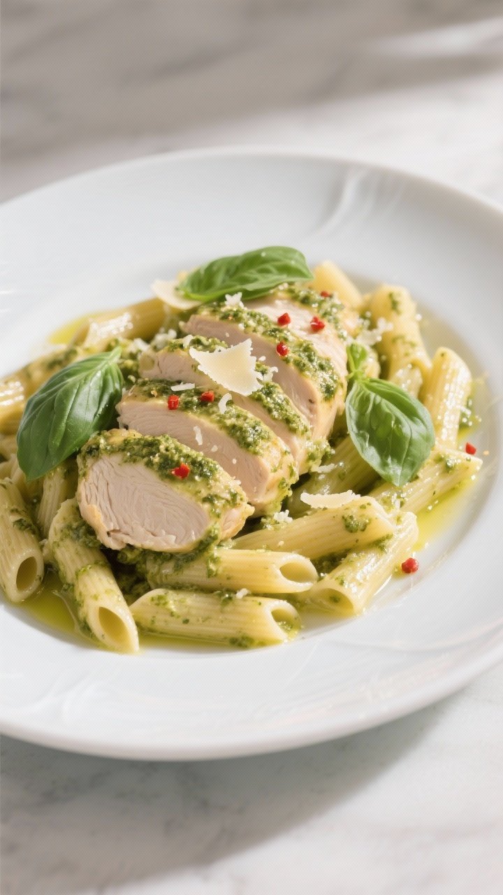 Final dish presentation: Sliced creamy pesto chicken arranged over al dente penne on a wide white ce