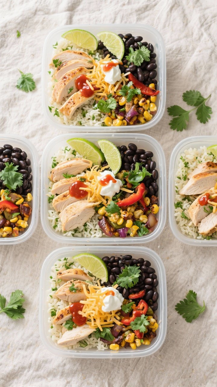 Final dish presentation: Tasty of assembled Southwest Chicken Meal Prep Bowls—cilantro-lime rice b