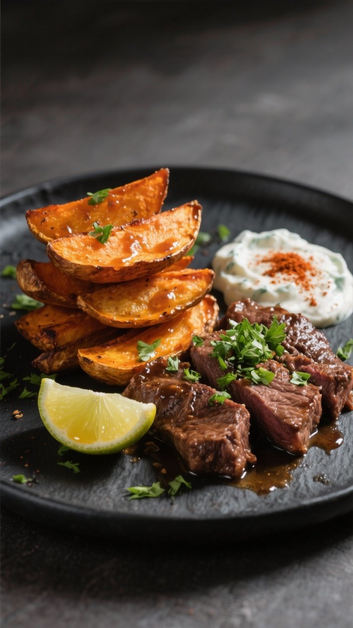 Final dish, restaurant plating: Beautifully plated Beef and Sweet Potato Sheet Pan Meal on a dark sl