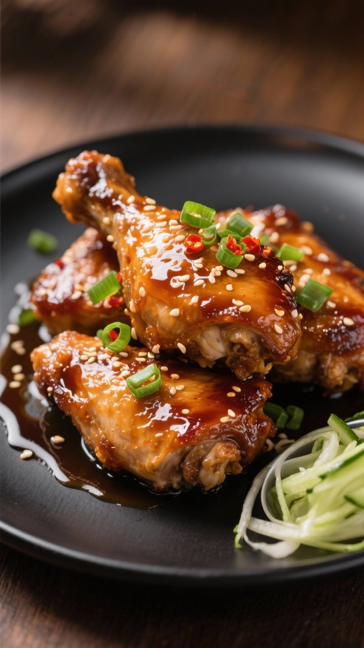 Final dish restaurant-style: Whole glazed chicken thighs stacked on a matte black plate, high-gloss 