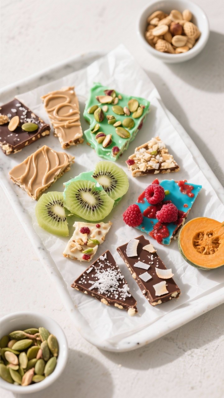 Final dish — Tasty top-view platter of assorted frozen yogurt bark shards arranged casually on a w