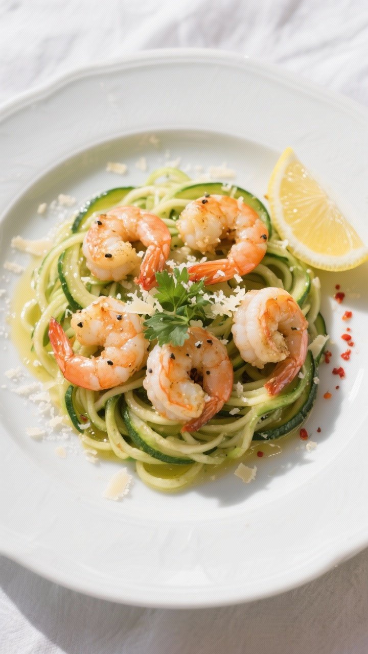 Final dish top view: Restaurant-quality plate of Garlic Butter Shrimp with Zucchini Noodles, overhea