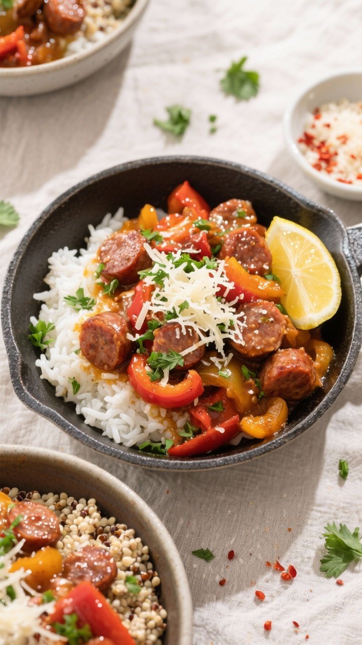 Final dish top view: Sausage and Pepper Skillet Bowls assembled over fluffy white rice and quinoa mi